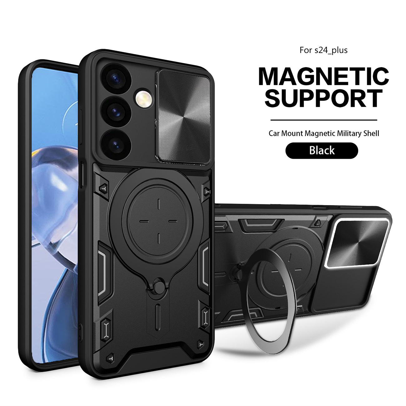 TPU PC Shockproof Magnetic Phone Case with Free Adjustment Ring Holder For Samsung Galaxy S24 Plus in Black